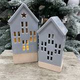 Grey Glazed Ceramic LED House with Star detail & lots of windows all the way round to light up beautifully Medium H20cm & Large H24cm