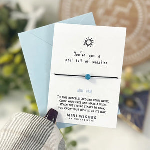 Mini Wishes by Molly &amp; Izzie Black cord bracelet with a real crystal chip bead presented on a card with the quote; 'Soul Full Of Sunshine'