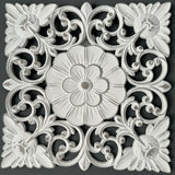 Whitewashed&nbsp;Square Wall Panel with Carved Flower Design&nbsp;- 35cm