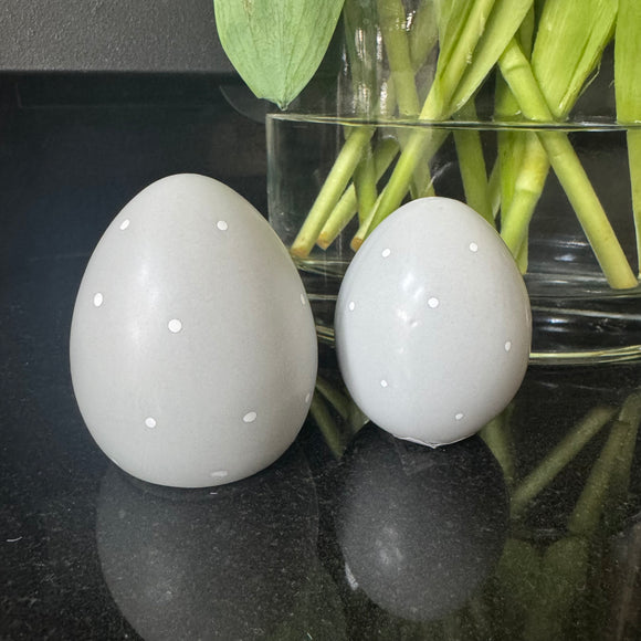 Decorative ceramic soft grey Eggs with white dots 
Available in 2 sizes - Small 5cm & Large 7.5cm 