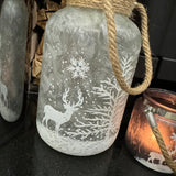 Christmas frosted glass hurricane with snowy scene