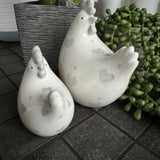 Porcelain White Glazed Chickens with Grey Heart Detail - Small 8cm & Large 12cm