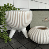 White Ribbed Ceramic Planting Pot raised on three feet H18cm