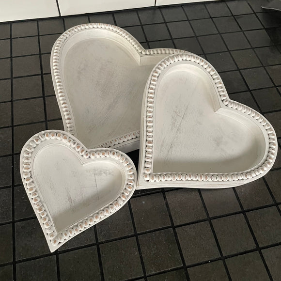 Distressed Whitewashed Mango Wood Heart Trays with beaded detail Set of 3 - Small 14cm, Medium 20cm & Large 27cm