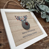 Small wooden hanging pebble sign 13cm with raised textured pebble rudolph with a painted red nose and colourful lights hanging from antlers&nbsp;
Quote - 'Merry Everything and a Happy Always'&nbsp;