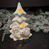 Ceramic White & Green LED Tree with Snowman & Reindeer