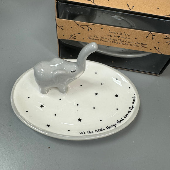 Cute Elephant white W10.8cm ceramic quotable Ring Holder Trinket Dish;
Quote reads 'Its the little things that count the most...' 