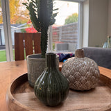 Small Glazed Deep Olive textured ceramic ribbed Bud Vase H15cm