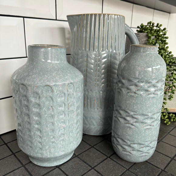 Blue Patterned Ceramic Vases with Bronze Detailing  Available in 2 styles - Geometric patterned H25.5cm & Dimpled effect H25cm