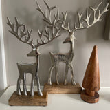 Brushed Silver Reindeers with large antlers on Wooden Base Available in 2 sizes; 23cm & 30cm