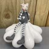 Grey & Beige Fabric Sitting Mouse 16cm with stripy legs & scarf
