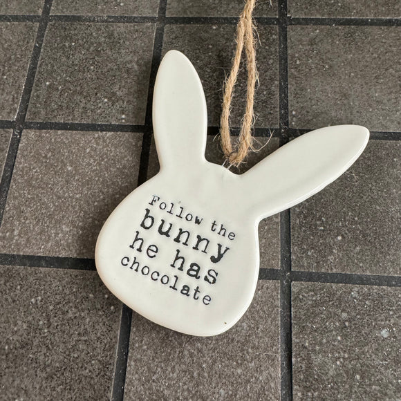 Easter Ceramic Hanging Bunny with Large Ears 9 x 8.5cm

Quote as follows - Follow the bunny, he has chocolate