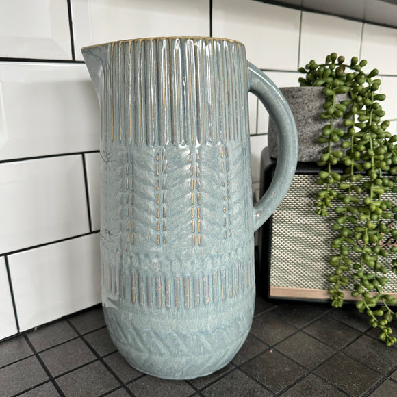 Pale Blue Patterned Ceramic Jug with Bronze Detailing H31.5cm