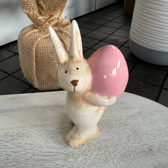 Small Cute Ceramic Rabbits 10cm Holding Pink Egg