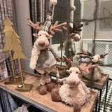 Sitting Fur Reindeer with Green Hat & Scarf 32cm