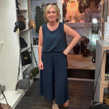Wide Leg Culottes in Linen Viscose & Elastic waist - Navy