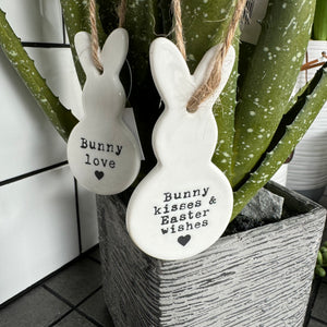 Ceramic Hanging Rabbit with Heart Tail; 9 x 8.5cm Choose from 2 adorable quotes: "Bunny Kisses and Easter Wishes"  "Bunny love" 