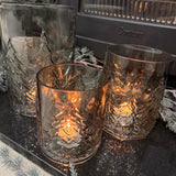 Smokey Grey Glass Candle Holders featuring embossed Christmas tree around the exterior
Available in 3 sizes - Small 13.5cm, Medium 16.5cm &amp; Large 22cm