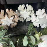 Wooden standing Snowflake shaped blocks with a glitter finish H14cm&nbsp;
Available in three quotes;
White glitter block - If snowflakes were kisses I'd send you a blizzard
Soft grey glitter block - Snowflake kisses and warm winter wishes&nbsp;

Wooden glitter block - Snowflakes appear when angels are near