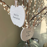 White ceramic hanging pumpkin 9cm with quote; "Hello pumpkin"