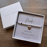 Life Charms the Thoughtful Jewellery Co.
Just Because Silver plated Bracelet Collection;
Quote&nbsp;- Pride, be you, be proud x
Charm - Heart embellished with enamel rainbow
LC236
