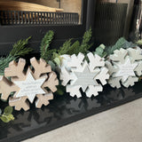 Wooden standing Snowflake shaped blocks with a glitter finish H14cm&nbsp;
Available in three quotes;
White glitter block - If snowflakes were kisses I'd send you a blizzard
Soft grey glitter block - Snowflake kisses and warm winter wishes&nbsp;

Wooden glitter block - Snowflakes appear when angels are near