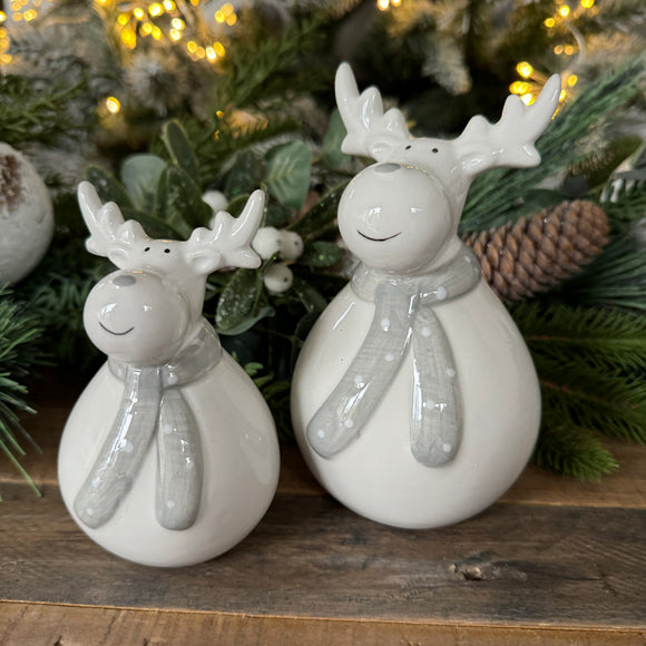 White Ceramic Plump Reindeers with Grey Scarf 
Available in 2 sizes; Small 11cm & Large 14cm