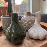 Small Glazed Olive ceramic Ribbed bud Vase
