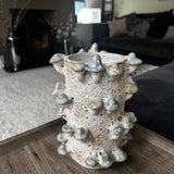 Distinctive Natural coloured rough ceramic Vase, unique features with intricate 3D mushroom motifs H22.5cm