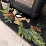 Triple candle holder with artificial Cedar foliage &amp; Pine branches and pinecones with rutic burlap ribbon bow L75cm&nbsp;