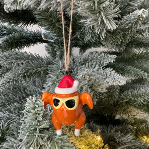 Fun Christmas Santa Turkey wearing Sunglasses Ceramic Hanging Decoration 7.5cm&nbsp;