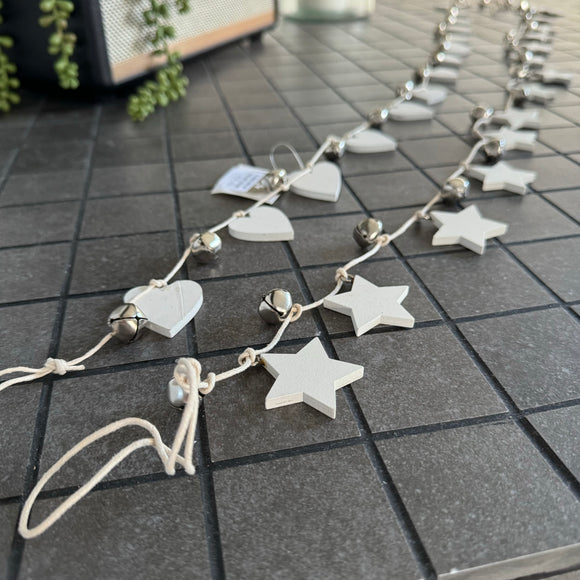 White Wooden Bell Garland with Hearts or Stars