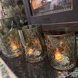 Green Glass Candle Holders with Tree detail - 3 sizes