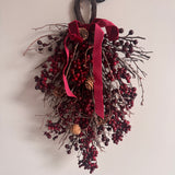 Festive hanging door hanger 42cm with deep red &amp; burgundy berries with natural twigs &amp; pinecones and matching velvet ribbon bows