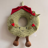 Fabric plush Christmas Wreath with face &amp; dangling legs and holly detail 27cm with a weighted base to sit firmly or can hang it like a wreath&nbsp;