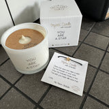 Soy Candle 6.5cm with a Wish-bracelet
Presented in a White Glass Jar with the Fragrance Fresh Cotton
Quote on the Candle Jar -&nbsp; 'You are a Star'