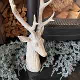 Whitewashed wood-effect glistening Reindeer head with antlers