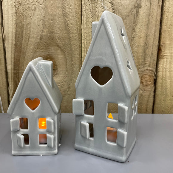 Grey Ceramic House T-Light Holder with heart detail, LED T-light included available in 2 sizes