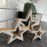 Set of 3 Standing Wooden white enamel open stars
Stars in 3 sizes; Small 13cm, Medium 18cm &amp; Large 24cm