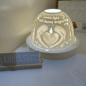 White Ceramic H8cm Lithophane Dome H8cm T-Light Candle Holder&nbsp; Design &amp; quote 'Loves light still burns bright'