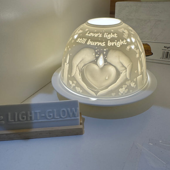 White Ceramic H8cm Lithophane Dome H8cm T-Light Candle Holder  Design & quote 'Loves light still burns bright'