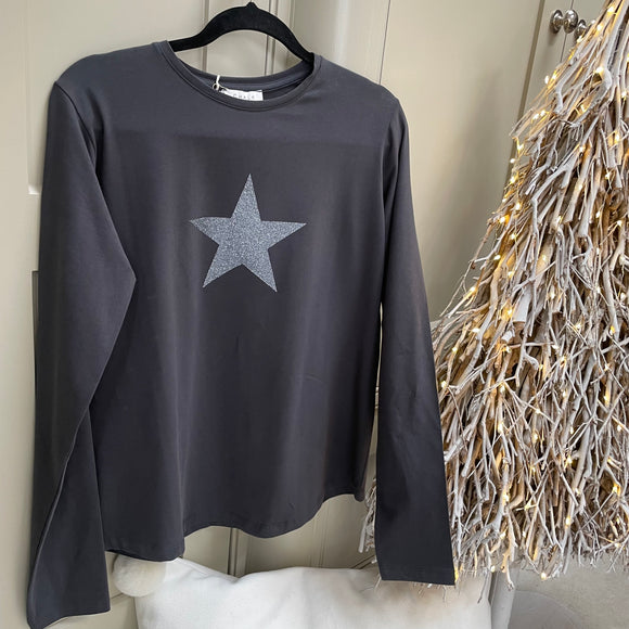 Christmas Chalk - Essentials Range Renee Top long sleeved & fitted design  Colour & Script - Charcoal with gun metal glitter Star 