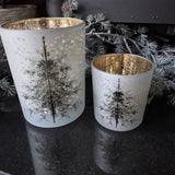 Frosted Glass Candle Holders with Tree & Wintry scene  - 2 sizes