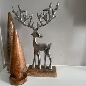 Brushed Silver Reindeers with large antlers on Wooden Base Available in 2 sizes; 23cm & 30cm