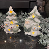 Ceramic White & Green LED Tree with Snowman & Reindeer