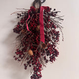 Festive hanging door hanger 42cm with deep red &amp; burgundy berries with natural twigs &amp; pinecones and matching velvet ribbon bows