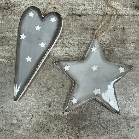 Ceramic Hanging Grey Heart or Star