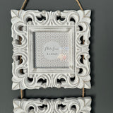 <h3><strong>Whitewashed carved square triple Hanging Photo Frames&nbsp;</strong></h3> <h3><strong>Each Photo frame is 19cm square, photo size 10x10cm and overall length 77cm&nbsp;</strong></h3>