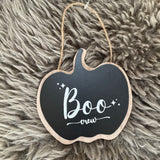 Wooden Black Hanging Pumpkin Plaque 9cm with the quote in white text; "Boo Crew"