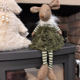 Shelf sitting plush charming Margaret Mouse with dangly green &amp; white striped legs and moss green ruffled skirt 48cm
